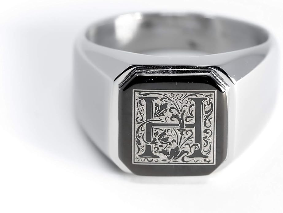 Jewelry | Stainless Steel Letter Alphabet Initial Ring | Square Flat Top Ring for Men & Women | Stainless Steel Jewelry, (Black, Gold, Silver), Size 7-16