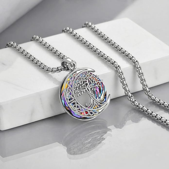Tree of Life Necklaces S925 Sterling Silver Crystal Tree of Life Pendant Necklace Celtic Knot Moon Tree of Life Jewelry for Women Gifts