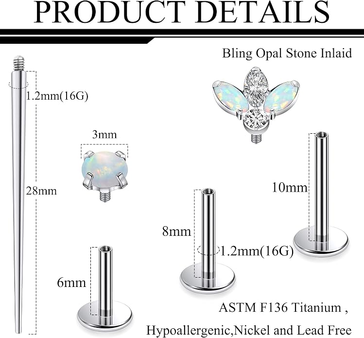 Ruifan Titanium Flat Back Lip Rings Internally Threaded Earrings Studs Nose Rings 16G Opal CZ Tragus Cartilage Lobe Rook Helix Conch Labret Medusa Piercing Jewelry for Women Men W Piercing Taper Set