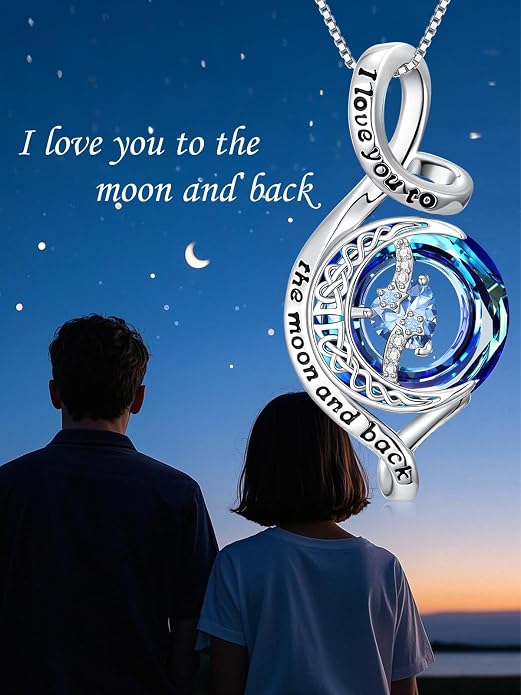 OCJ Birthstone Necklace for Women 925 Sterling Silver Moon and Star Pendant Infinity Celtic Moon Crystal Jewelry Anniversary Birthday Christmas Gift for Her Wife Girlfriend Mom Daughter