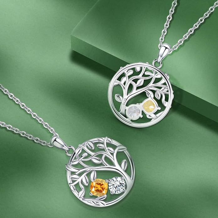 Tree of Life Birthstone Necklace for Women 925 Sterling Silver Birthstone Pendant 12 Months Necklaces with Zircon Birthday Gifts for Women, Mom, Grandma Cable Chain 18"+2"