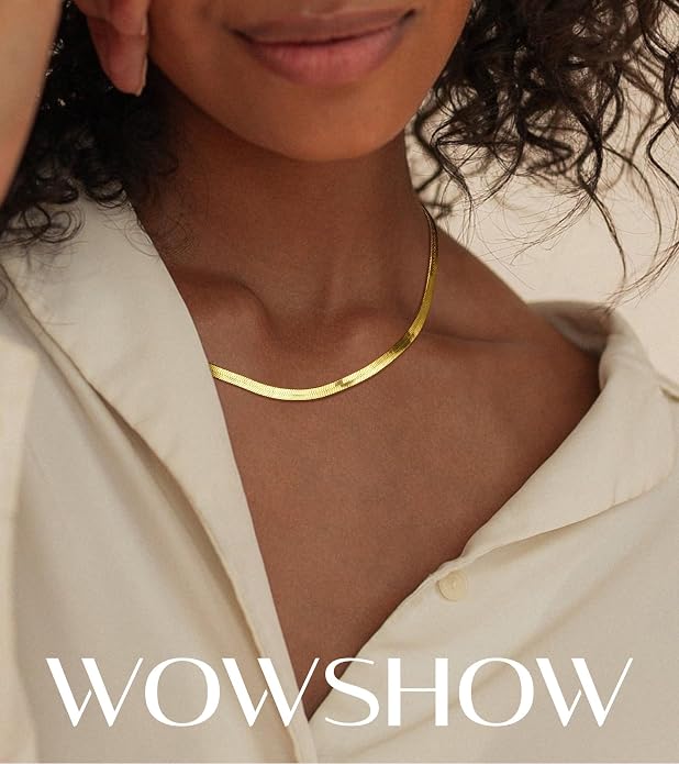 Wowshow 14K Gold Plated Italian Snake Chain Necklace Flat Herringbone Choker Dainty Necklace Bracelet Set for Women 16-18-20 Inch