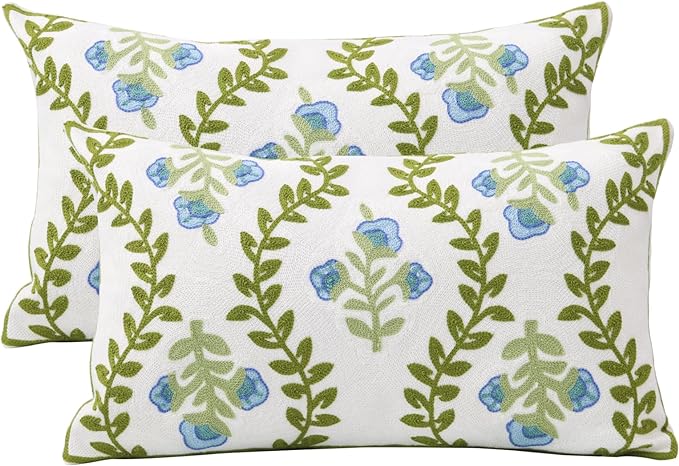Set of 2 Embroidered Decorative Throw Pillow Covers Couch Square Pillowcases Cushion for Bedroom Sofa Farmhouse Decor 12x20 Inch (Blue Floral-Lumbar)