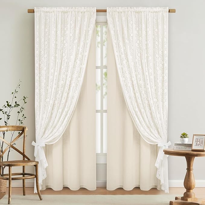ASPMIZ Linen Curtains for Bedroom, Double Layered Boho Curtain 63 Inch Length 2 Panels Set, Rod Pocket Curtains & Drapes with Tiebacks, Light Filtering Drapes for Living Room 52 x 63 Inch, Beige