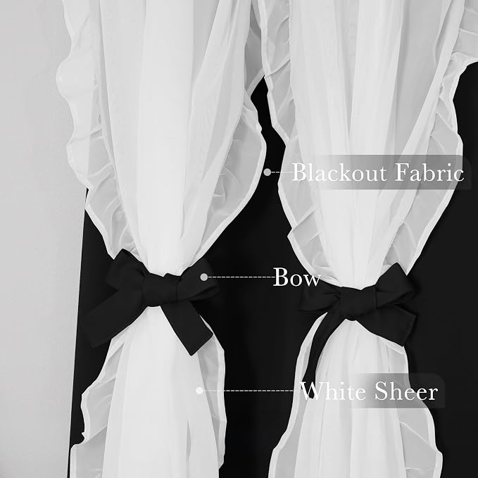 PONY DANCE Blackout Gothic Curtains for Toddle Bedroom Decorative 84 Inches Long, Double Layer Bow Curtain Ruffle White Sheer Overlay, Shabby Chic Decor, W52 x L84 inch, Black, 2 Panels
