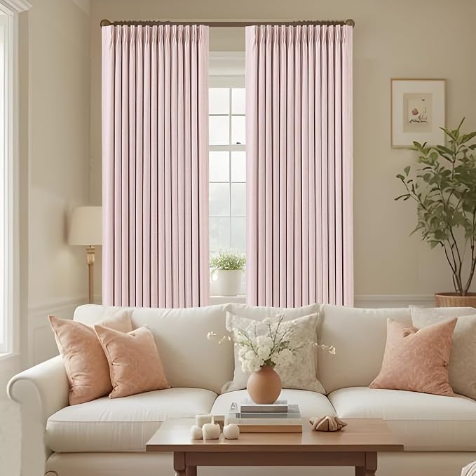 IVAPUPU Pink Pinch Pleated Full Blackout Linen Curtains for Girls Bedroom, Black Out Curtains 90 Inches Long Room Darkening Thermal Insulated Pleat Drapes Baby Pink Dusty Blush for Nursery, 2 Panels