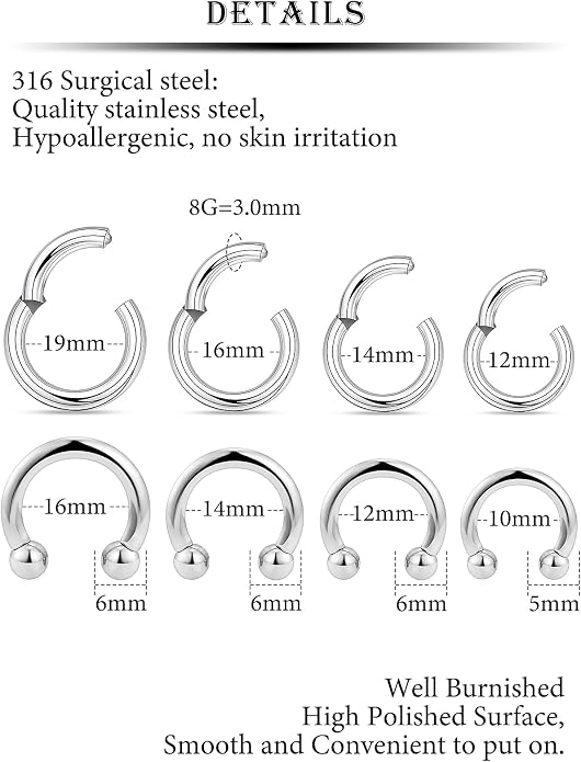 20G 18G 16G 14G 12G 10G Hypoallergenic Nose Rings Hoops for Men Women 316L Surgical Steel Hinged Nose Rings for Nostril Septum Cartilage Helix Daith Tragus Rook Conch Lip Ear Lobe Piercing