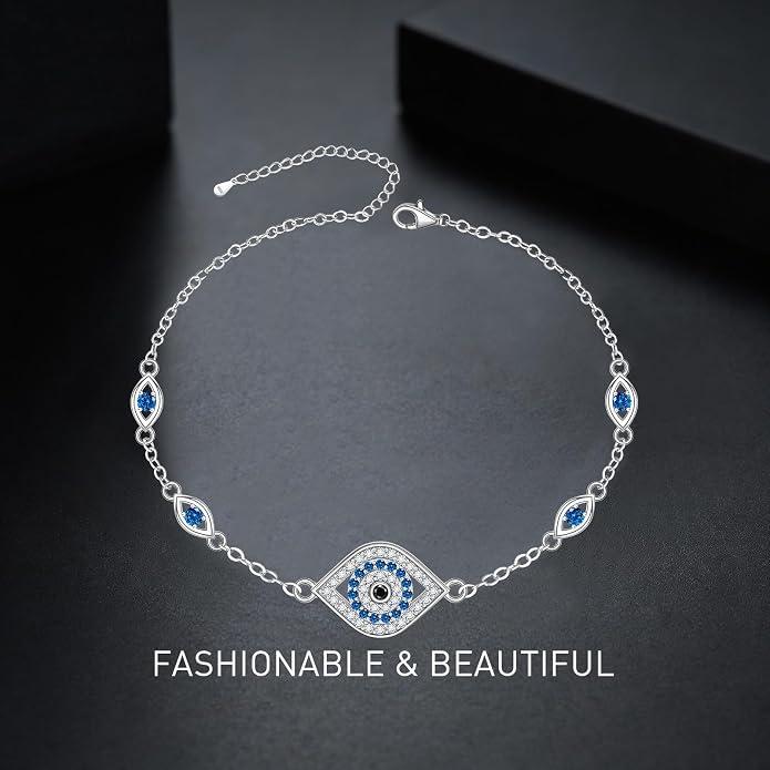 Blue Evil Eyes Link Bracelet, Evil Eye Earrings, S925 Sterling Silver Dainty Cubic Zirconia Adjustable Link Lobster Claw Clasp Chain Jewelry