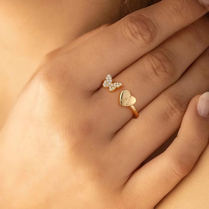 Initial Ring for Women Teens, Gold Plated Butterfly Heart Letter K Open Adjustable Ring, Dainty Alphabet Ring Jewelry Gift for Birthday