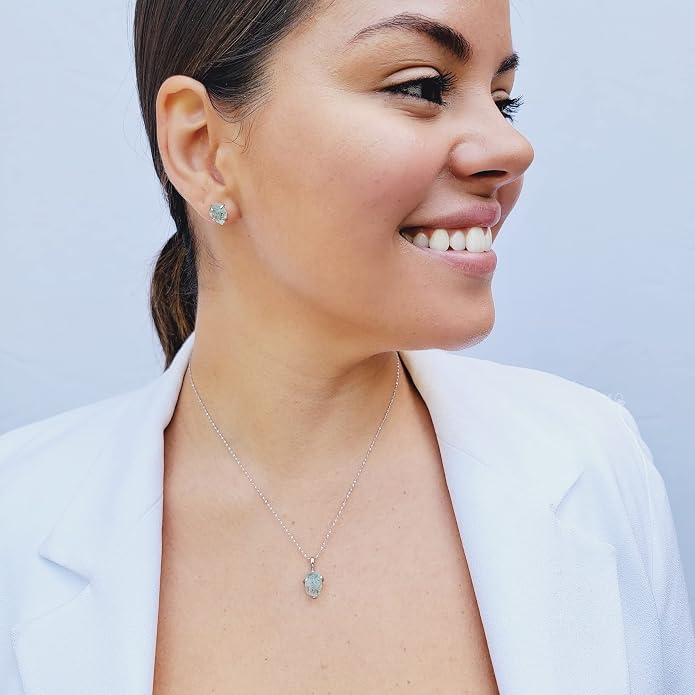 Natural raw gemstone pendant chain necklace with white gold over 925 solid sterling silver, birthstone dainty solitaire gift for her, uniquelan jewelry