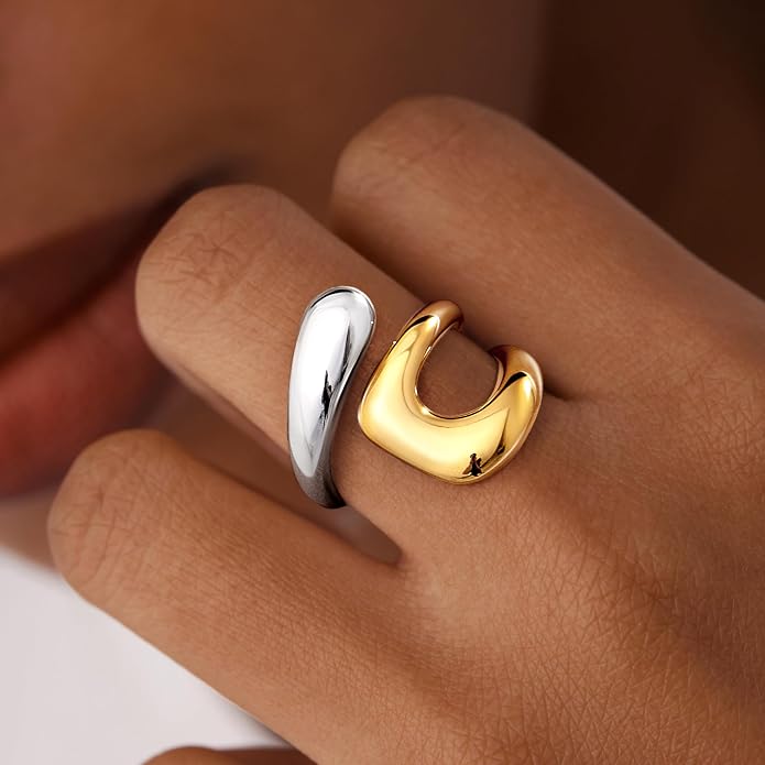 Non Tarnish Gold Chunky Rings for Women, 14K Gold Plated Statement Dome Rings Stacking Silver, Adjustable Mens Eternity Wedding Band Mixed Metal Jewelry Size 3-13