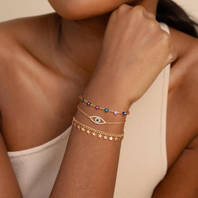 Dremmy Studios Gold Bracelet for Women 18K Gold Plated Dainty Paperclip Cubic Zirconia Disc Coin Star Cable Satellite Bead Pearl Simple Boho Minimalist Stacking Layered Link Jewelry Gift