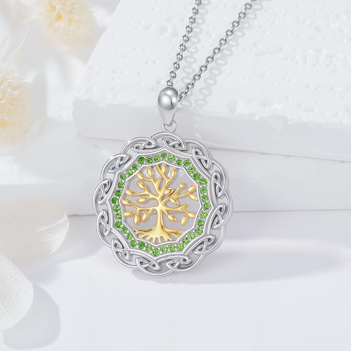 Sterling Silver Birthstone Celtic Tree of Life Necklace, 18K Gold Plated Colored Gemstone Tree of Life Pendant Two-Tone Necklaces Jewelry Birthday Gifts for Women 18" - 20"