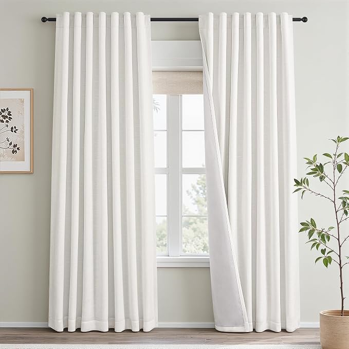 Topfinel Natural Linen Blackout Curtains 92 Inch Long for Living Room Total Light Blocking Rustic Linen Blend Drapes with Back Tabs for Track System Farmhouse Bedroom Nursery Panels