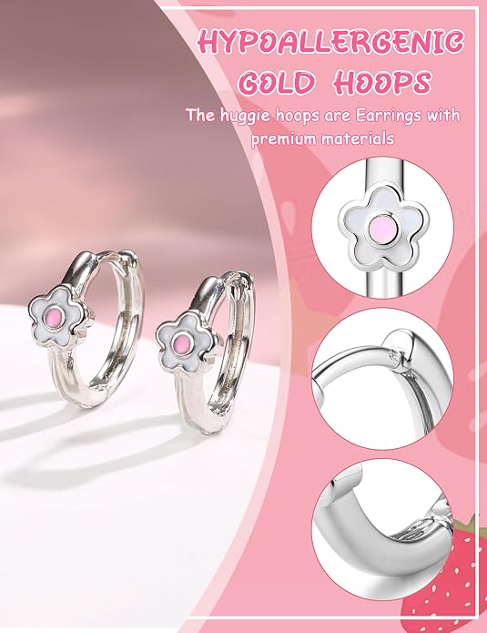 Florideco Hypoallergenic Earrings for Women 316 Surgical Steel Earrings for Sensitive Ears Cute Small Daisy Hoop Earring Heart Flower Strawberry Rainbow Flat Back Earring Sets