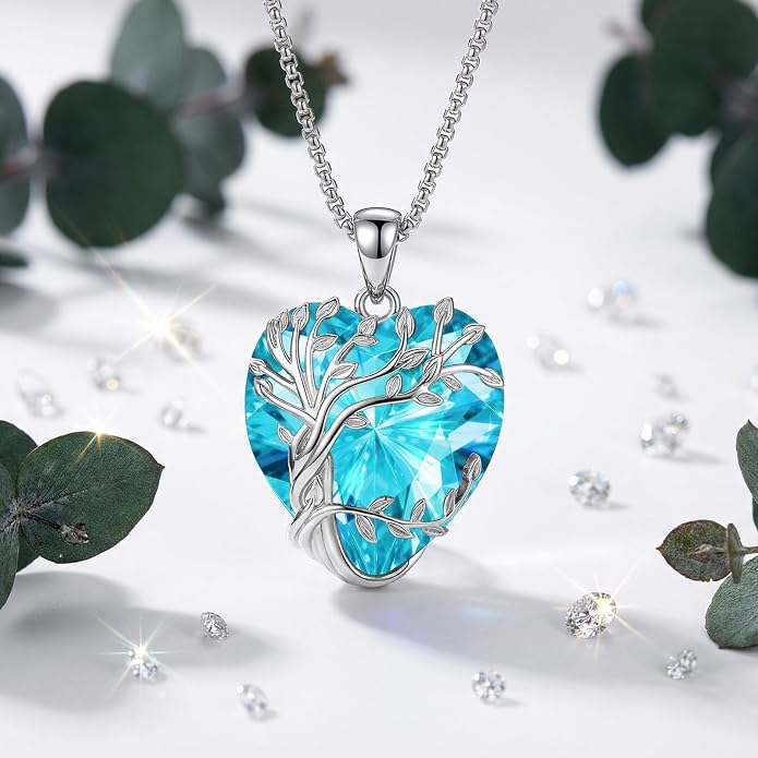 Eusense Tree of Life Necklace for Women White Gold Plated Copper Moonstone/Turquoise/Black Onyx/Crystal Birthstone Pendant Jewelry Gifts for Women Men