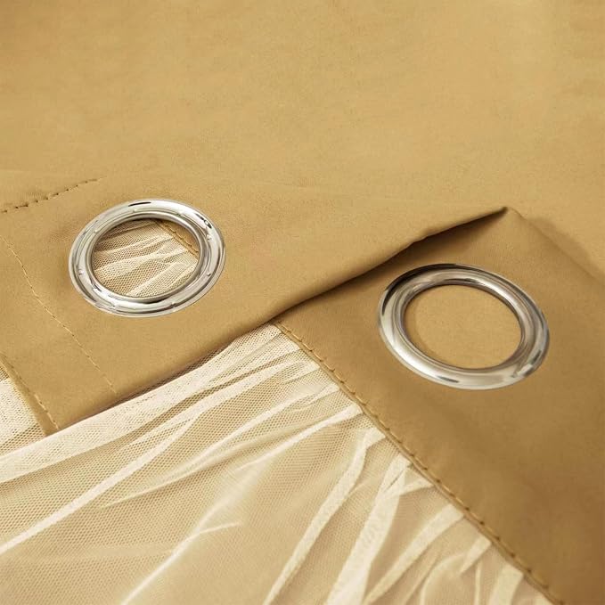 INLINAS Gold Blackout Curtains with Sheer Overlay - Grommet Top Thermal and Noise Reduction Panels for Bedroom and Living Room Light Blocking and Energy Saving, 52 x 84 Inches, Set of 2