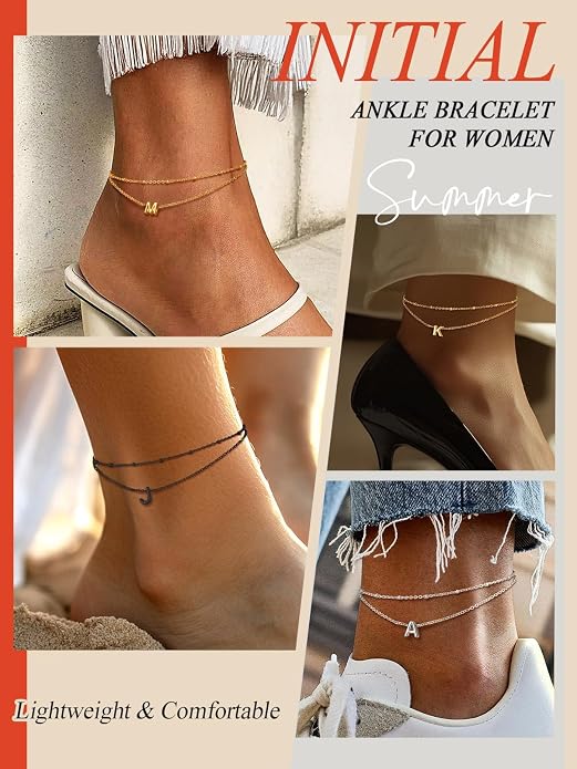 FaithHeart Initial Ankle Bracelets for Women, Waterproof 14k Gold Plated Initial Anklets Non Tarnish Stainless Steel Cute Layered Anklet Summer Beach Jewelry