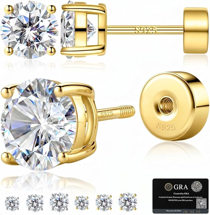 Moissanite Stud Earrings for Women, S925 Sterling Silver Screw Back Flat Back Earrings, Hypoallergenic 14K Gold/White Gold Plated Cartilage Piercing Studs, D Color VVS1 Round Cut 3-5mm