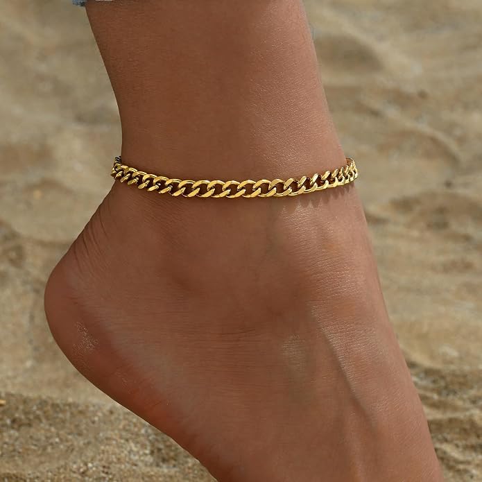 Dainty Ankle Bracelets for Women 18K Gold Plated Satellite Beaded Herringbone Lip Chain Anklets Simple Minimalist Summer Beach Foot Jewelry Christmas Gifts
