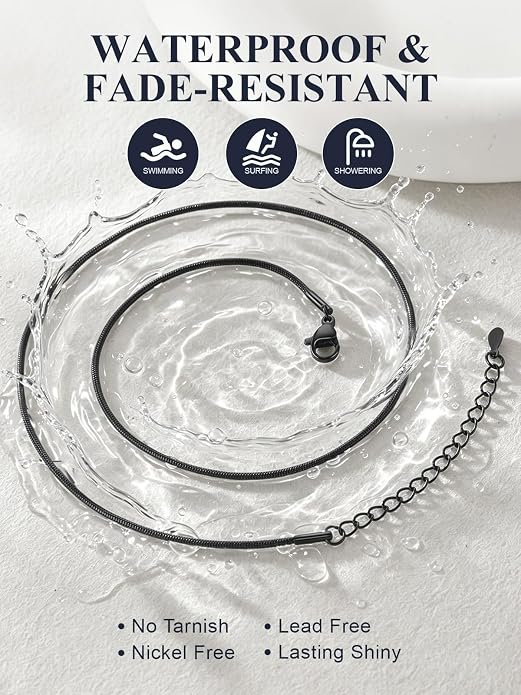 U7 Snake Necklace for Women 14K Gold Plated/Silver/Rose Gold/Black Chain Necklace Hypoallergenic, Stainless Steel Tiny Snake Chain Necklace 1/1.2/1.5/2MM, 14-30" Adjustable Minimalist Gift