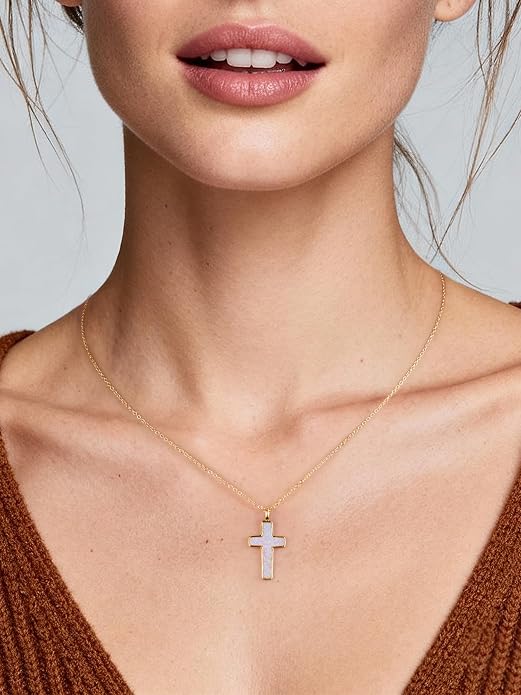 NORBU S925 Opal Cross Necklace for Women, Sterling Silver Opal Gemstone Womens Cross Necklaces, Cross Pendant with 5A Cubic Zirconia, Women's October Birthstone Jewelry Gifts for Birthday, Anniversary, Christmas