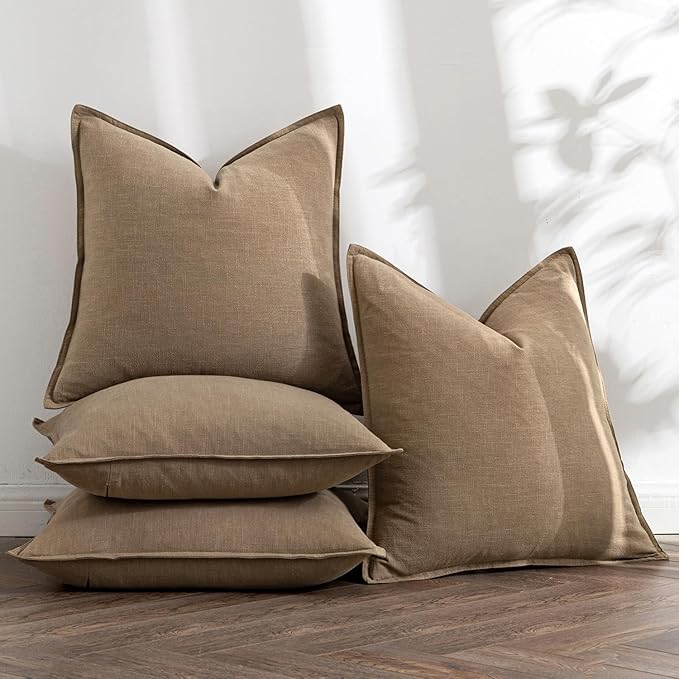 MIULEE Khaki Boho Linen Decorative Pillow Covers 18x18 Inch Pack of 4 | Natural Throw Pillow Covers Soft Farmhouse Couch Pillowcases Modern Home Decors for Living Room Bed Sofa