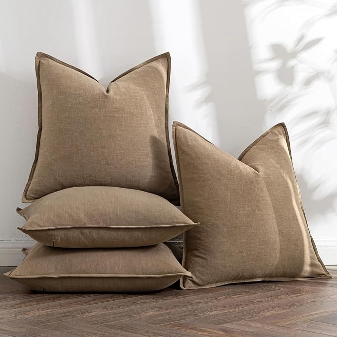 MIULEE Khaki Boho Linen Decorative Pillow Covers 24x24 Inch Pack of 4 | Natural Throw Pillow Covers Soft Farmhouse Couch Pillowcases Modern Home Decors for Living Room Bed Sofa