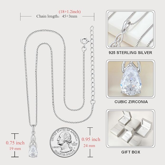 STARCHENIE Teardrop Necklace for Women 925 Sterling Silver Irish Celtic Knot Pendant Birthstone Jewelry