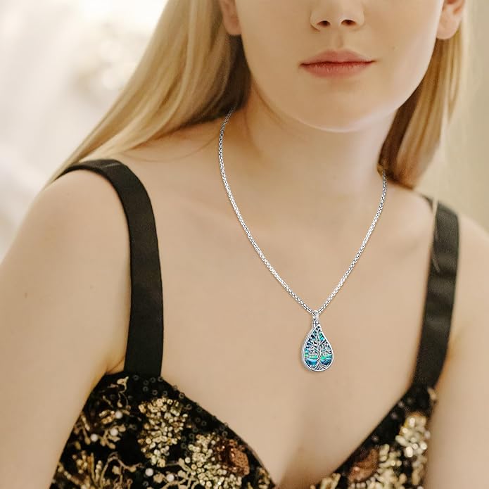 Jewelry Gifts - Tree of Life Necklace Sterling Silver Abalone Shell/Opal/Moonstone/Black Onyx/Turquoise/Malachite/Crystal Family Tree of Life Jewelry for Women Men