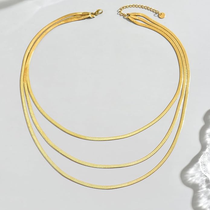 18K Gold Plated Layered Herringbone Necklaces for Women Dainty Layering Beaded Snake Chain Choker Moon Coin Pendant Necklace Trendy Stainless Steel Jewelry