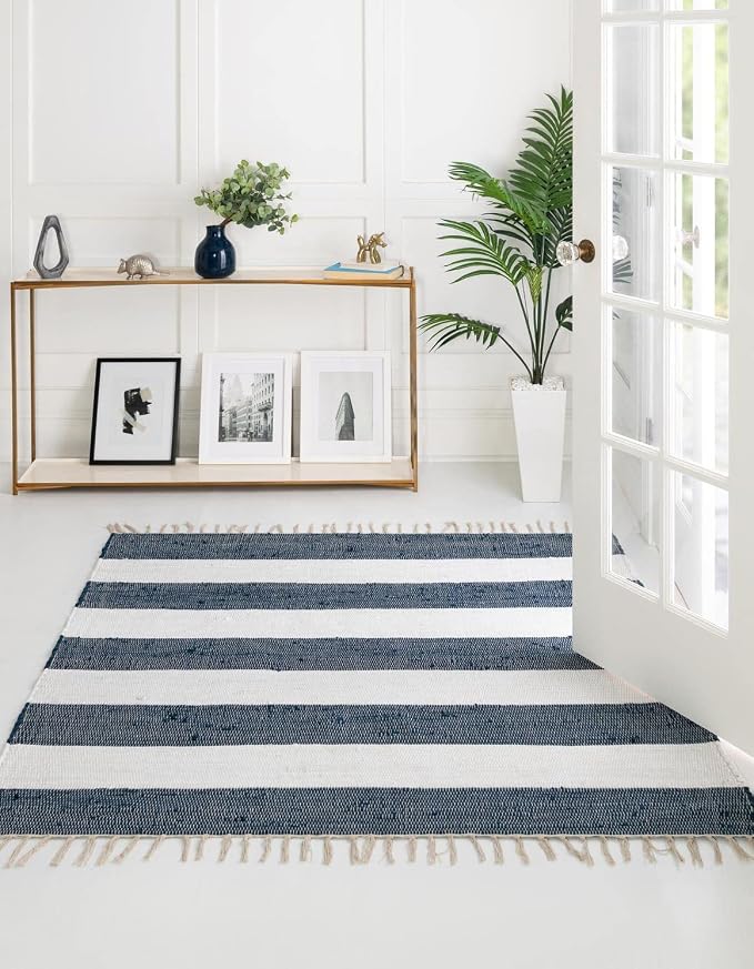 Unique Loom Chindi Rag Collection Area Rug - Striped (7' 10" Square, Navy Blue/ Ivory)