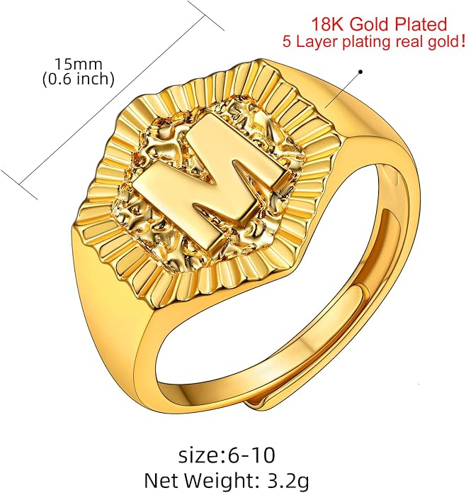 KeyStyle Bold Initial Letter Rings Adjustable, GoldChic Jewelry Women Gold Statement Ring Personalized Engraved Women’s Open Signet Ring for Party (Gold, White Gold, Black)
