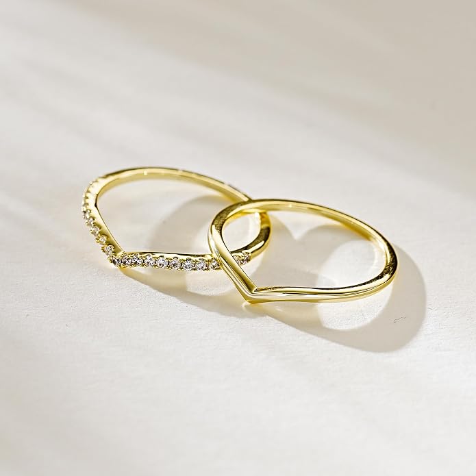 Kainier 2pairs Stacking Rings for Women 1mm 14K Gold Plated CZ V-Shaped Wavy Band Thin Pinky Thumb Stackable Ring Set Dainty Non Tarnish Comfort Fit Size 5 to 10