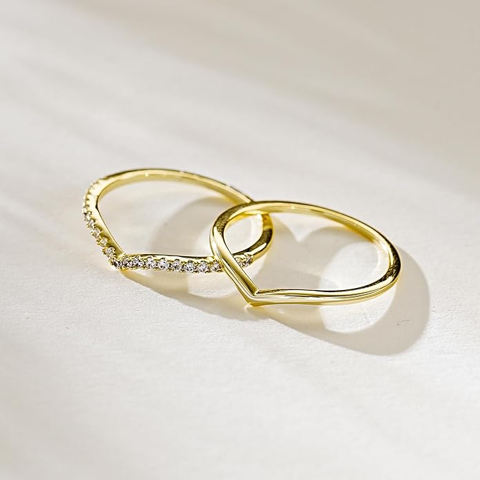 Kainier 2pairs Stacking Rings for Women 1mm 14K Gold Plated CZ V-Shaped Wavy Band Thin Pinky Thumb Stackable Ring Set Dainty Non Tarnish Comfort Fit Size 5 to 10