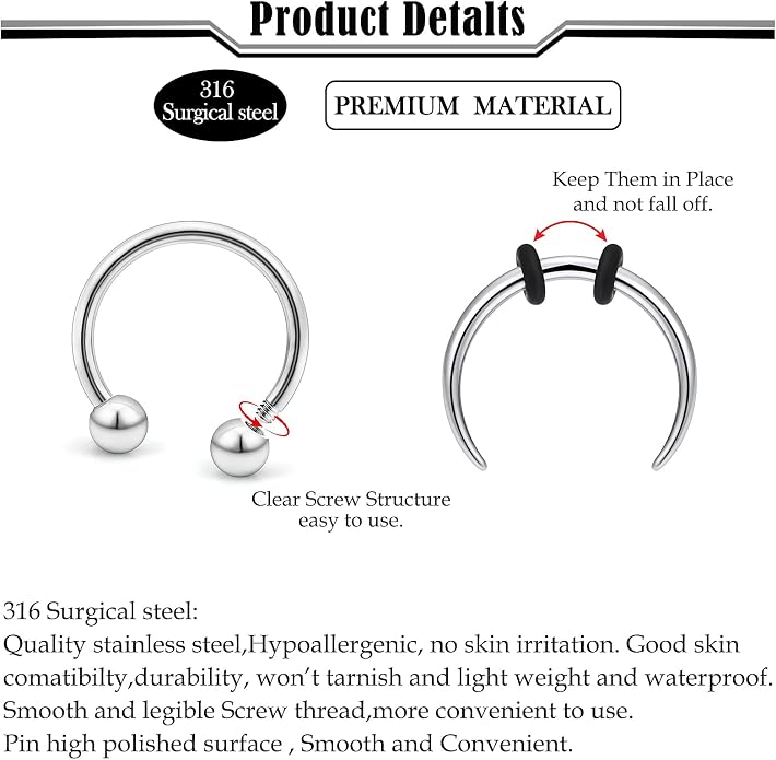 Septum Rings 16G 14G 12G 10G 8G 6G 4G 2G Surgical Steel Septum Stretching Kit Septum Pincher Tapers Gauge Kit Nose Ring Hoop Horseshoe Helix Tragus Daith Rook Piercing Jewelry for Women Men