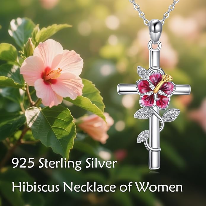 Flower Cross Necklace 925 Sterling Silver Carnation/Rose/Lily/Daisy Cross Necklace Birth Flower Jewelry for Women