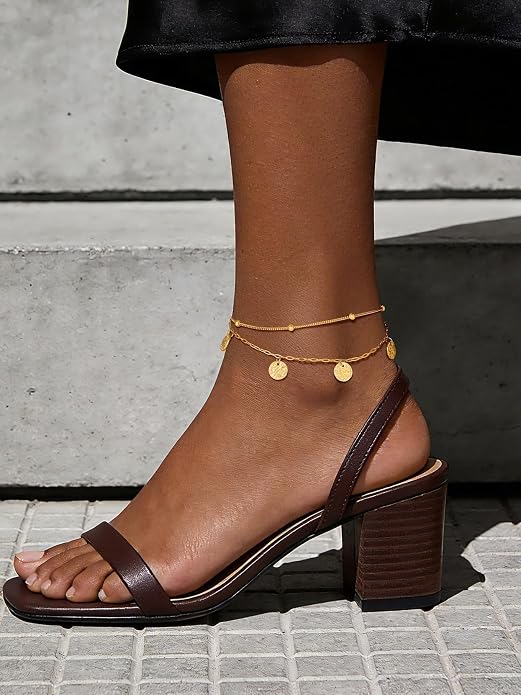 U7 Silver/Gold Ankle Bracelets for Women Layered Chain Anklets Stainless Steel Waterproof Summer Beach Anklet Cham, Adjustable 8.5"-10.5"