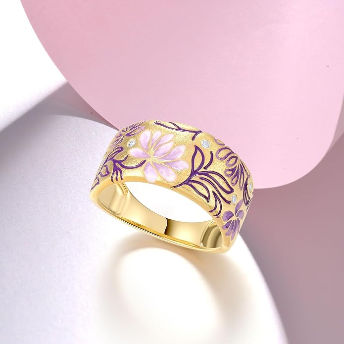 Santuzza 925 Sterling Silver Enamel Flower Pattern Ring for Women