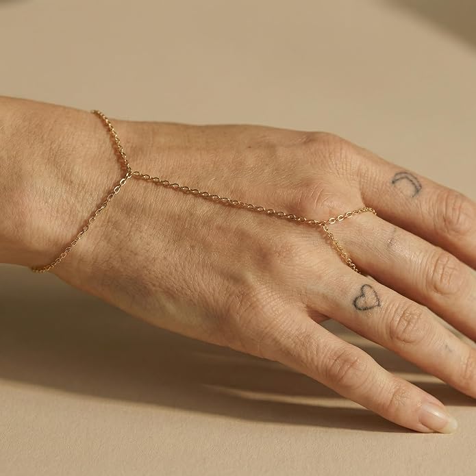 Faire de la Mode Dainty Hand Chain Bracelet for Women – Adjustable 14k Gold Plated Ring Bracelet Hand Chain with AAA CZ Tarnish-Resistant Jewelry for Small to Medium Hands
