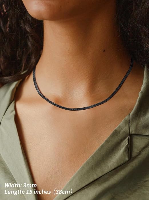 FindChic Black/14K Gold Plated Herringbone Choker Chain Necklace for Women | Waterproof Stainless Steel, Dainty Layering, Flat Snake Chain, Non-Tarnish, Hypoallergenic, Adjustable Extender, Gift Box