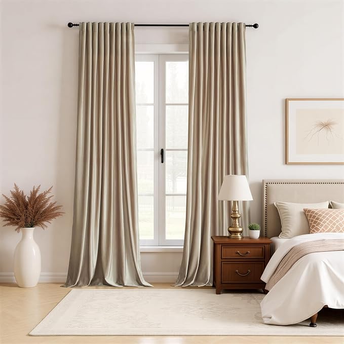 100% Full Blackout Champagne Beige Velvet Curtains 72 inch Long for Living Room,Set of 2 Liner Rod Pocket Back Tab Thermal Window Curtains Room Darkening Decorative Curtains Drapes for Bedroom