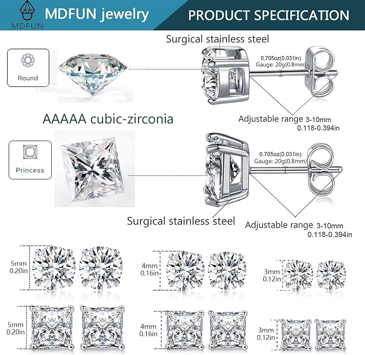 MDFUN 6 Pairs Stud Earrings Set 3mm/5mm/7mm Princess & Round Cubic Zirconia Earrings Hypoallergenic 316L Surgical Stainless Steel CZ Earrings for Women Men