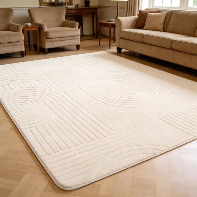 5x7 Beige Area Rug, Washable Rugs for Living Room Bedroom | Fluffy High-Low Pile Textured Rug with Modern Geometric Pattern, Ultra Soft Boho Carpet for Nursery, Kids Room, Home Office