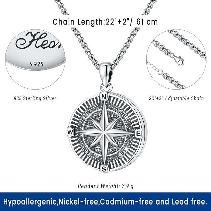 Compass Necklace for Women Men 925 Sterling Silver Pendant Urn Necklaces for Ashes Picture Locket Necklace Anchor Necklace Viking Necklace Crystals CZ Moonstone Abalone Shell Turquoise Compass Jewelry