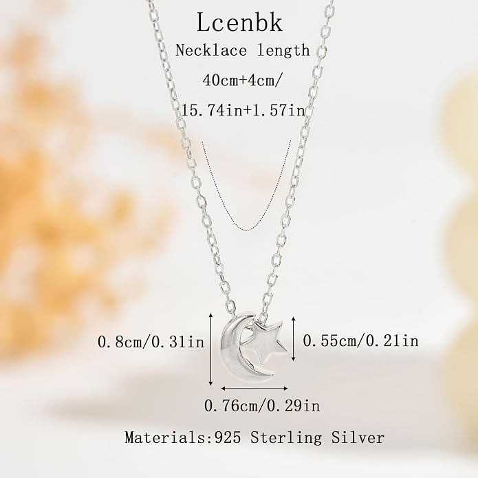 925 Sterling Silver Crescent Necklace for Women, Dainty Moon Star Choker Chain Necklace to Daughter Mother, 14k Gold Plated Moon and Star Charm Pendant Necklaces Jewelry Gift for Birthday Mother's Day