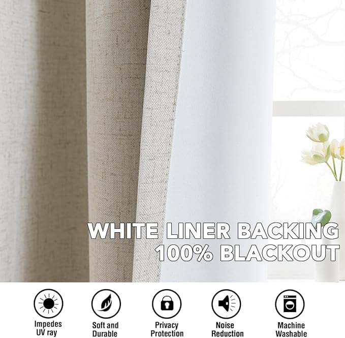 H.VERSAILTEX Linen Curtains 100% Blackout Curtains for Bedroom 90 inch Long Full Light Blocking Nature Linen Blended Window Curtains for Living Room Nickel Grommet (2 Panels, Heathered Linen)