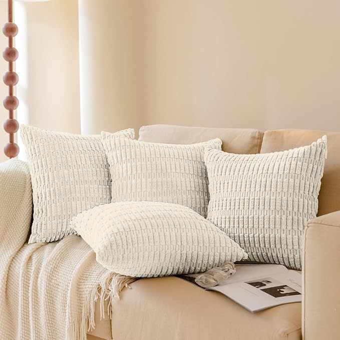 Softalker Throw Pillow Covers 16x16 Inch, Set of 4, Corduroy Soft Striped Farmhouse Boho Pillow Cover, Modern Decorative Cushion Pillow Case for Couch Sofa Bedroom Living Room, Cream