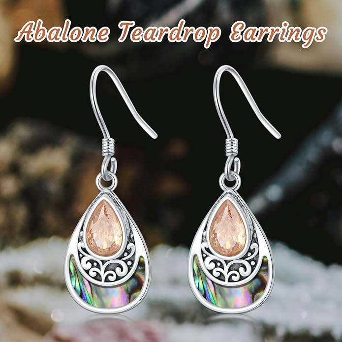 PELOVNY 925 Sterling Silver Filigree Dangle Earrings Hypoallergenic Abalone/Cubic Zirconia/Moonstone Earrings Vintage Jewelry Christmas Birthday Gifts for Women Mom Her