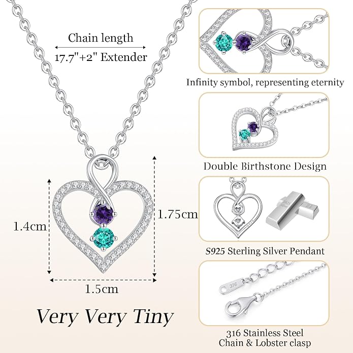 LOUISA SECRET Double Birthstone Necklaces for Women, 925 Sterling Silver Infinity Love Heart Pendant Necklace for Her, Birthday Anniversary Valentine's Day, Christmas, Wedding, Graduation Gift for Her, Personalized Gifts, Jewelry Gifts for Wife Mom Gir...